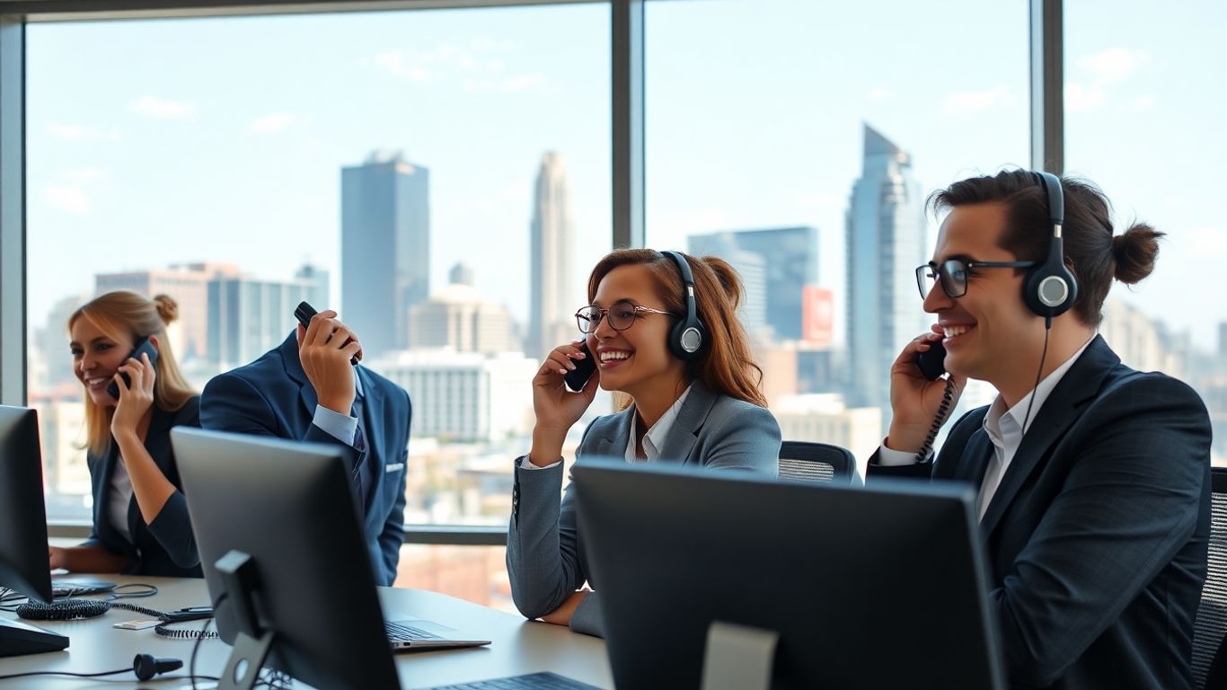Professionals answering phones in Atlanta office with skyline view