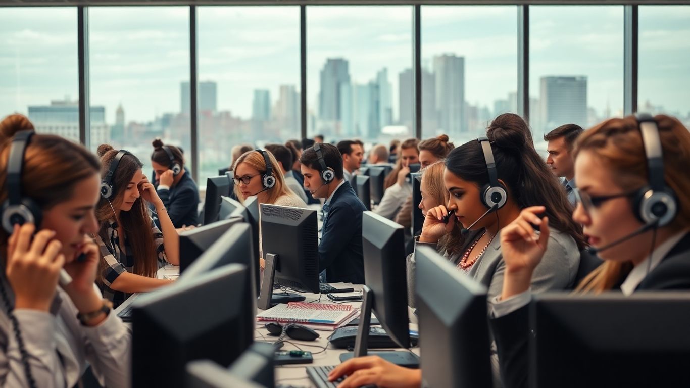 Busy office staff answering calls during business event