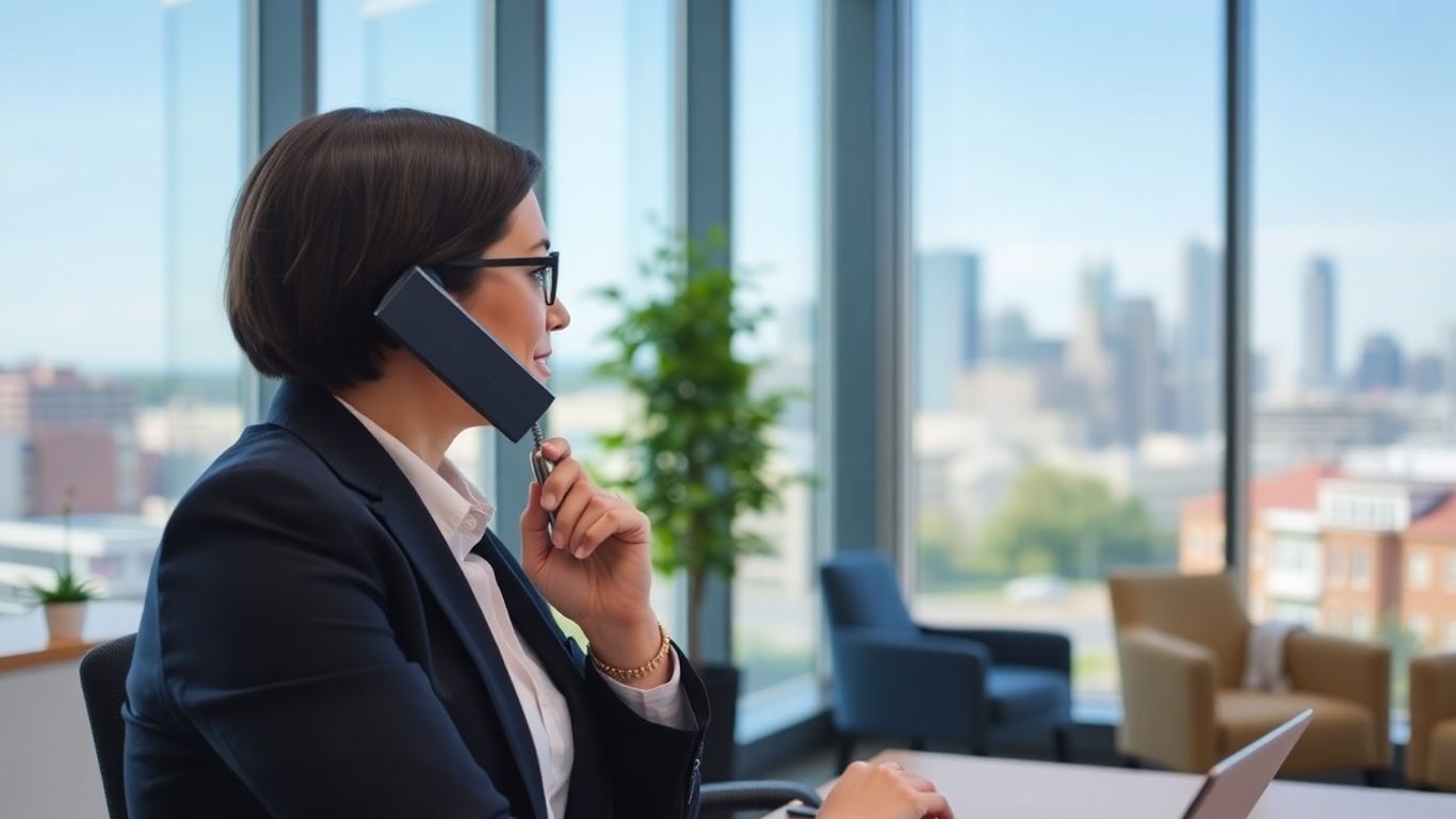 Businessperson answers phone with St. Paul skyline visible