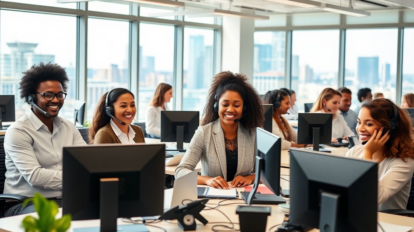 St. Paul office staff answering phones with skyline view