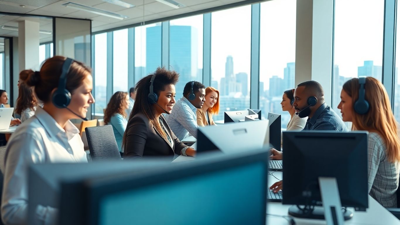 Business professionals using headsets in modern Newark office