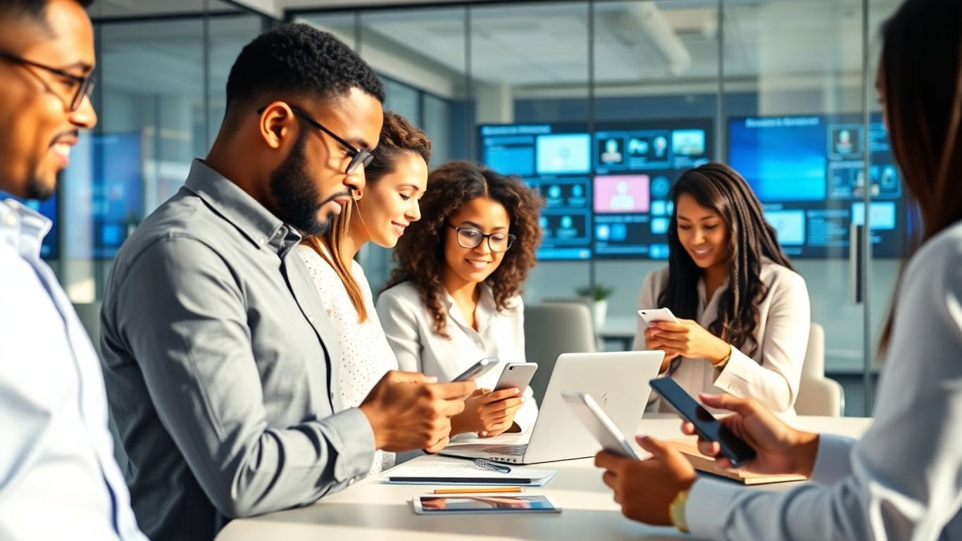 Professionals using phones and computers in a modern office