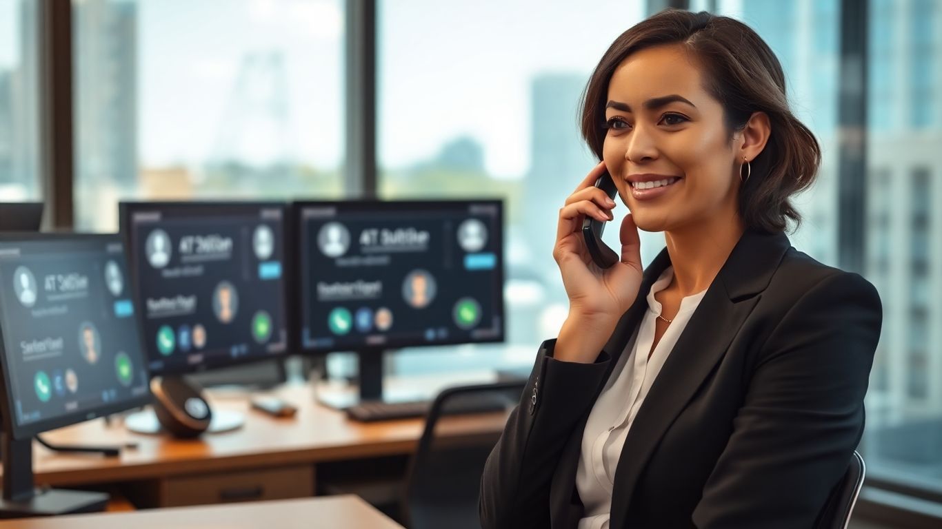 Businesswoman and AI assistants handling office calls