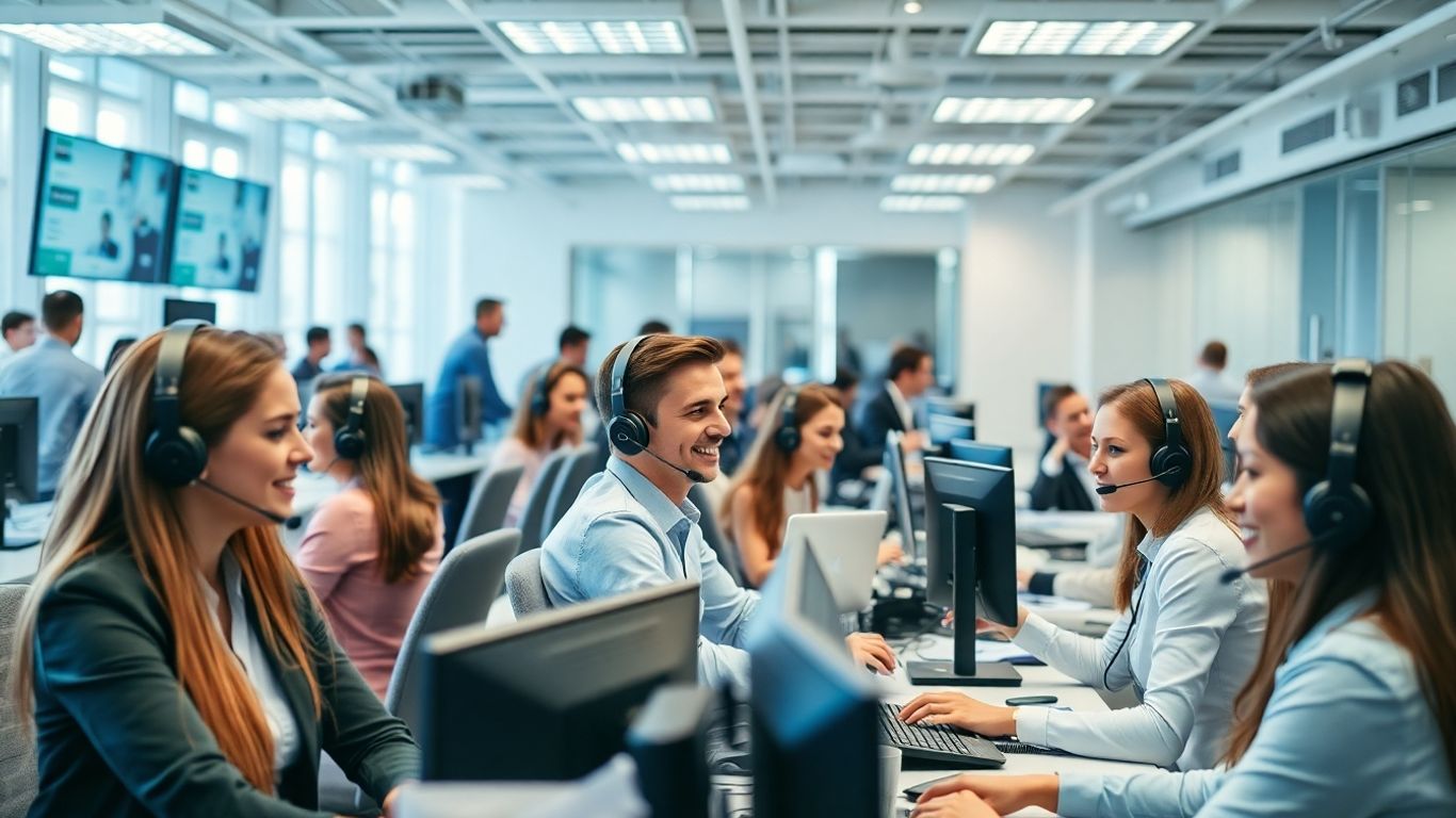 Receptionists answering calls in a modern energetic office.