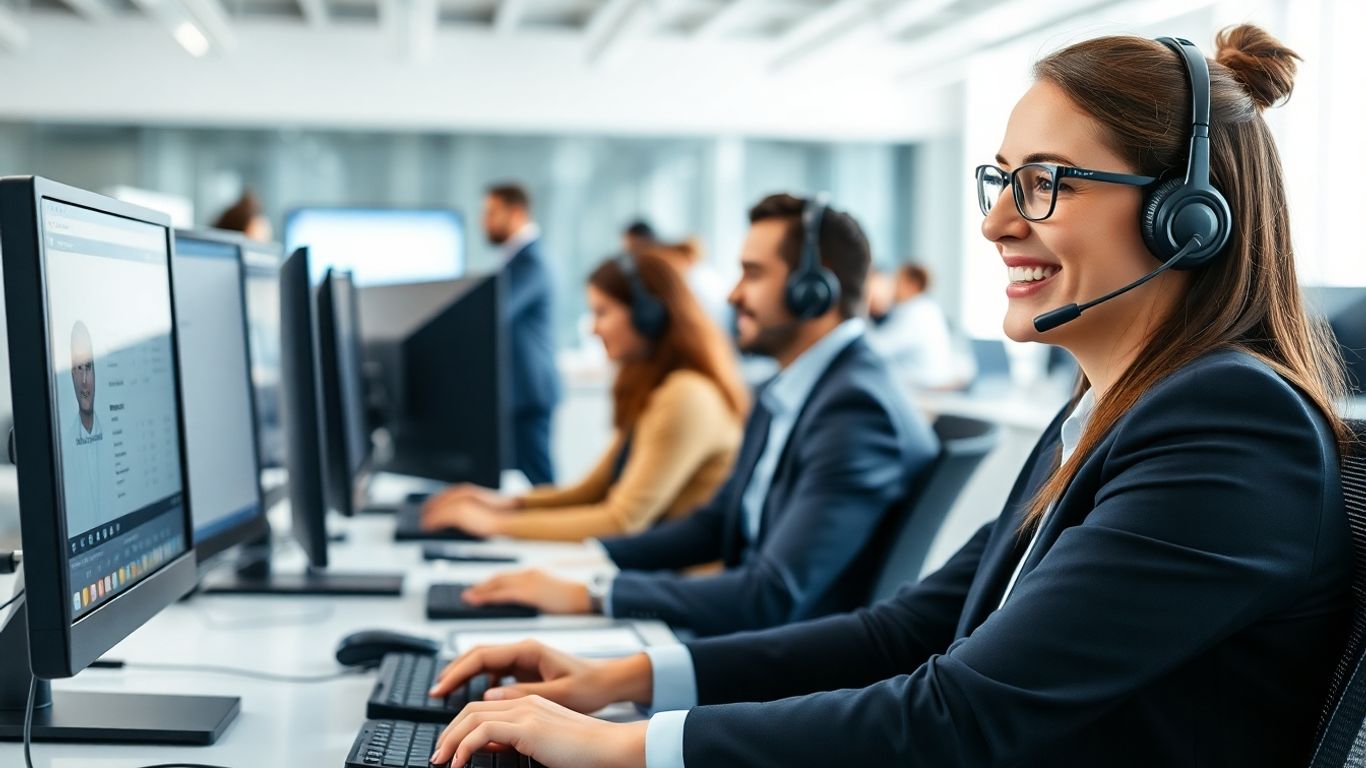 Smiling call center agent in modern office workspace