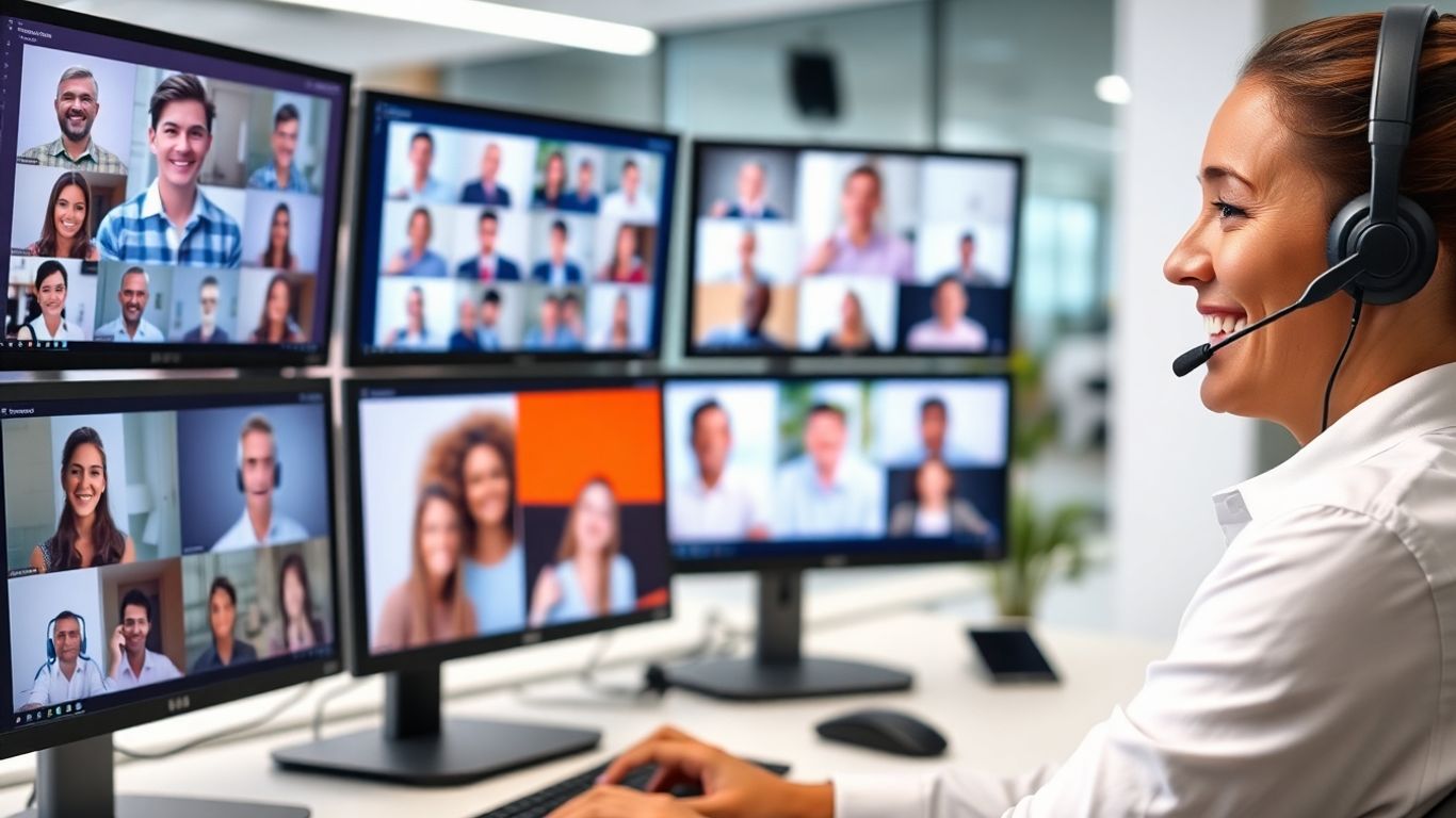 Friendly agent helps diverse clients in modern call center.