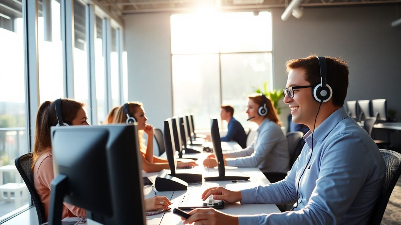 Office call center agents talking on phones
