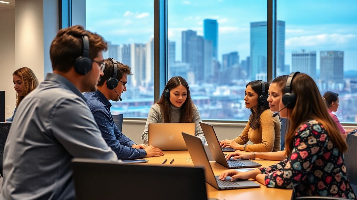 Professionals with headsets in Denver office collaborate on calls