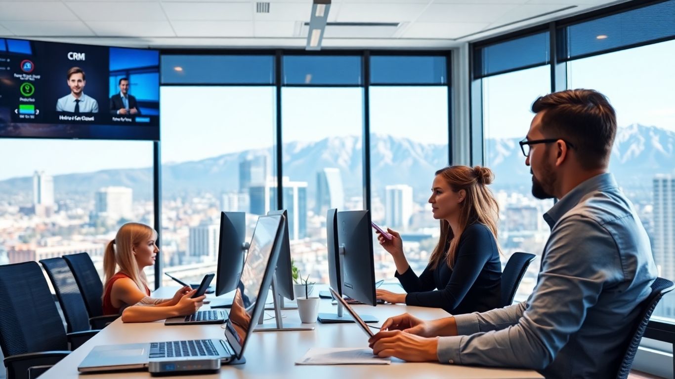 Business team using phones and computers in Denver office