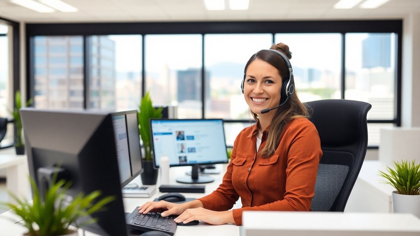 Call center agent at desk in modern office