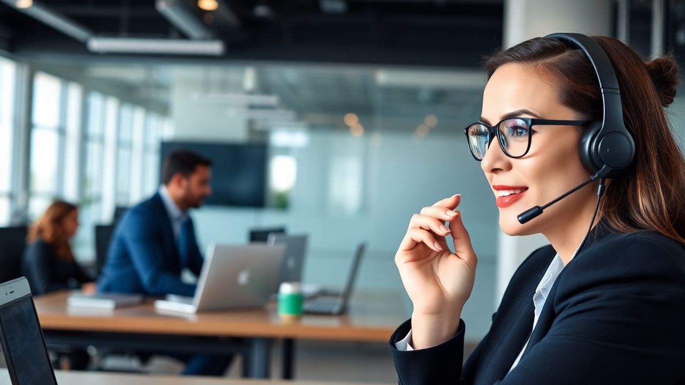 Businessperson with headset in modern Fort Worth office