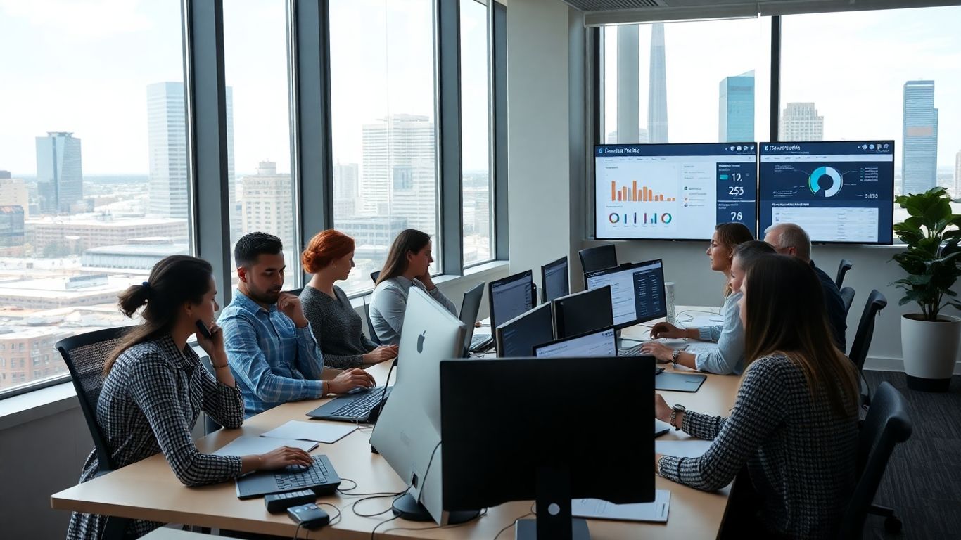 Business professionals using phones and computers in modern office