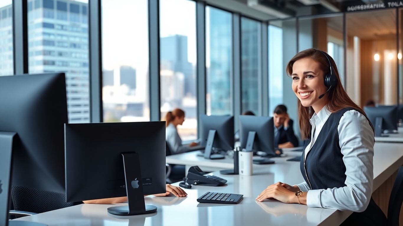Receptionist answering call in modern Fort Worth office