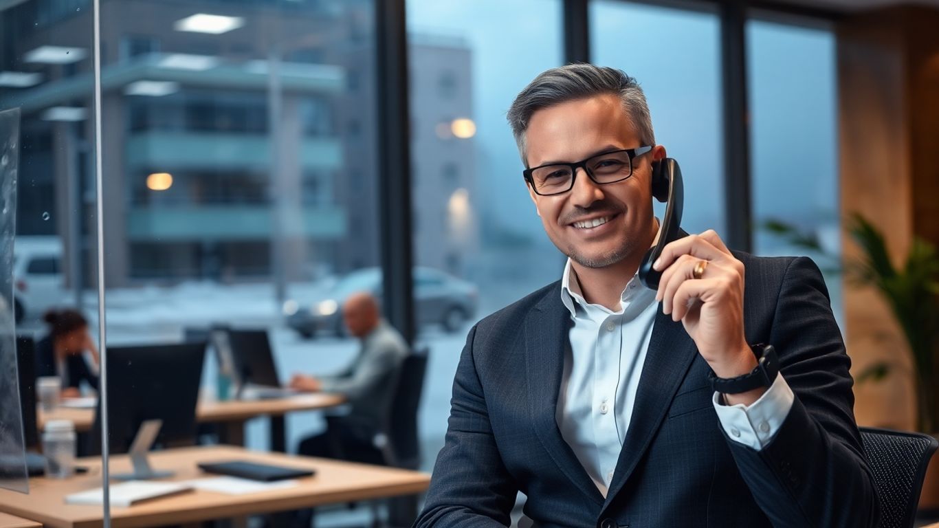 Business professional answering phone during stormy weather