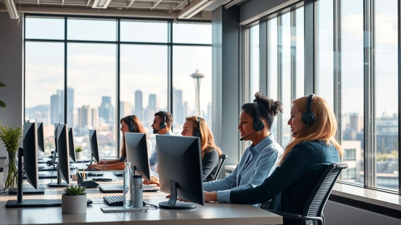 Office team with headsets and Seattle skyline in background