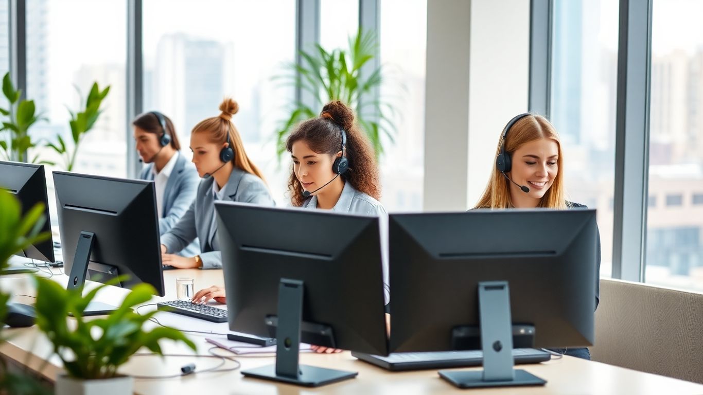 Business team using headsets in modern office