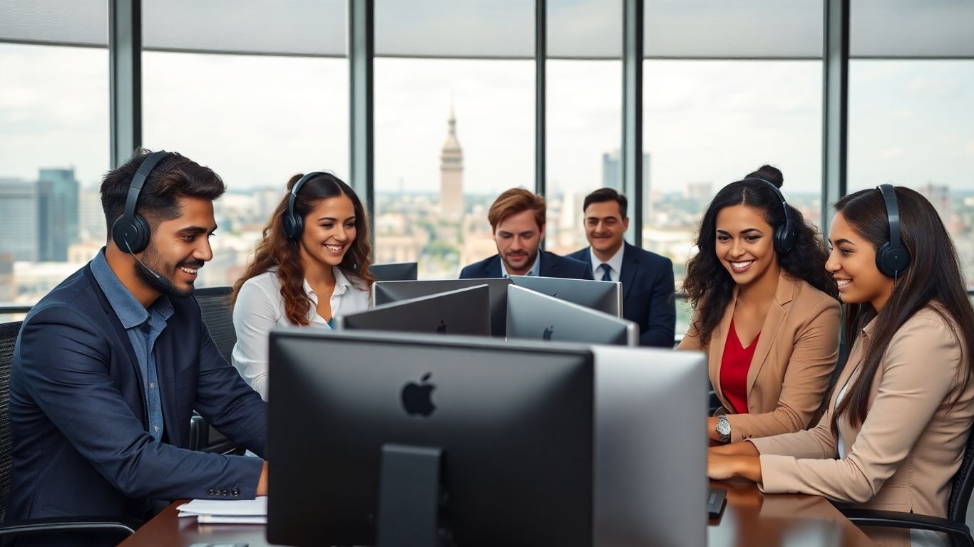 Business team using headsets in modern Washington office.