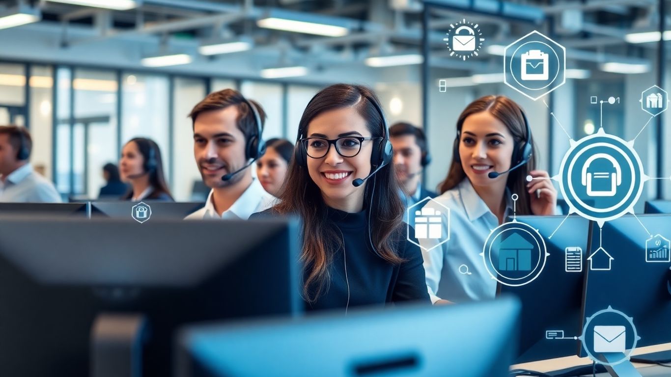 Team using headsets in modern office with tech icons