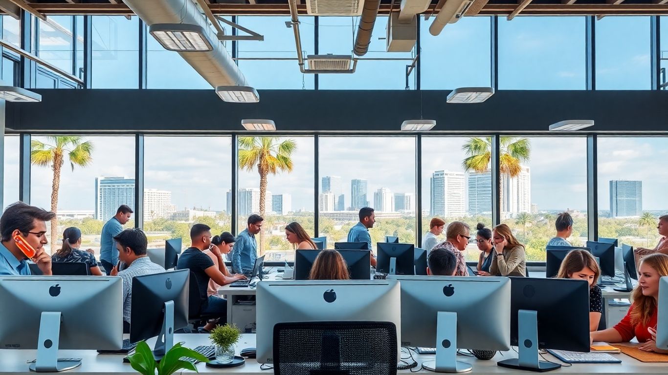 Modern Jacksonville office staff answering phones, palm trees visible