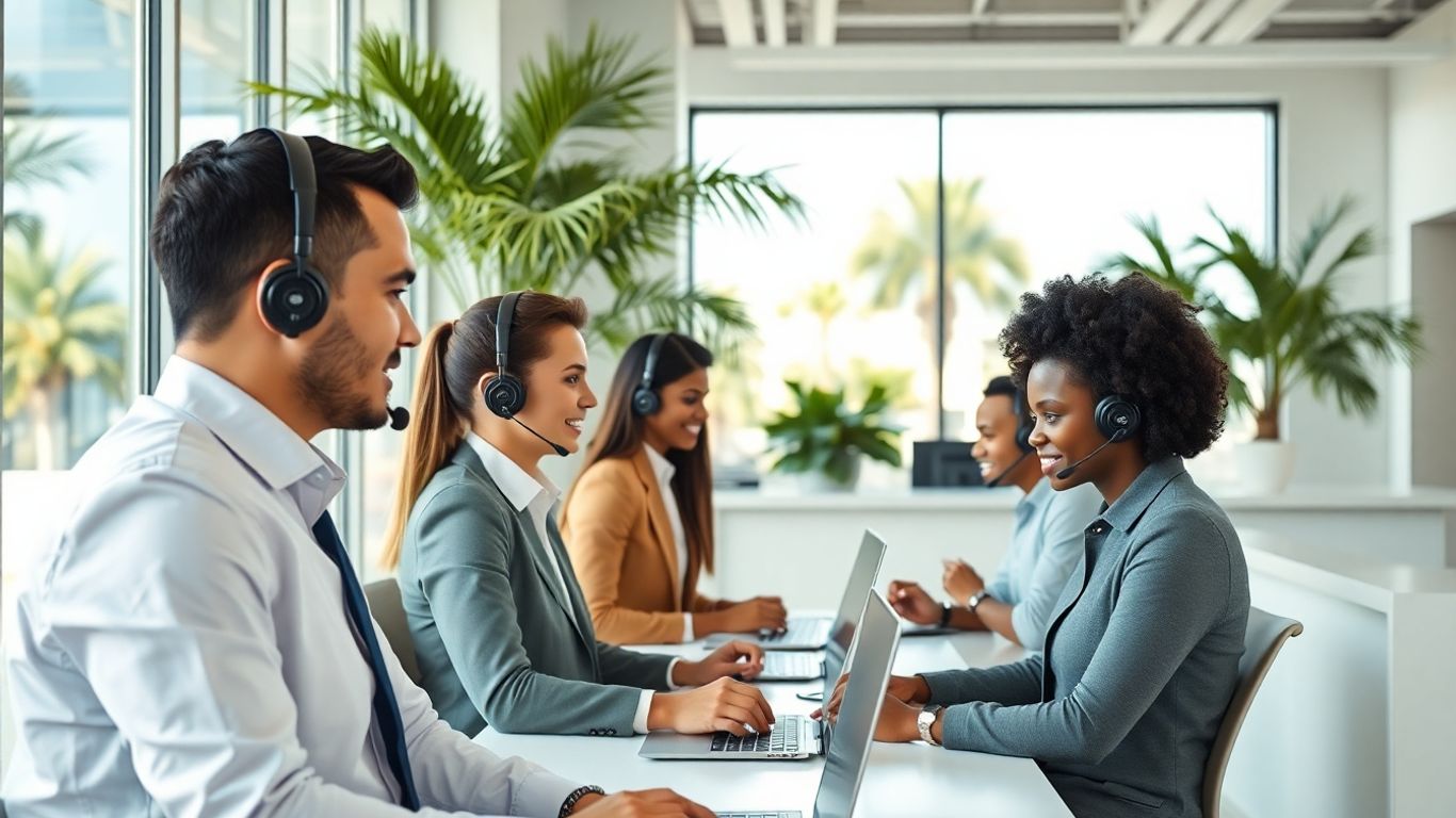 Jacksonville office workers using headsets at front desk