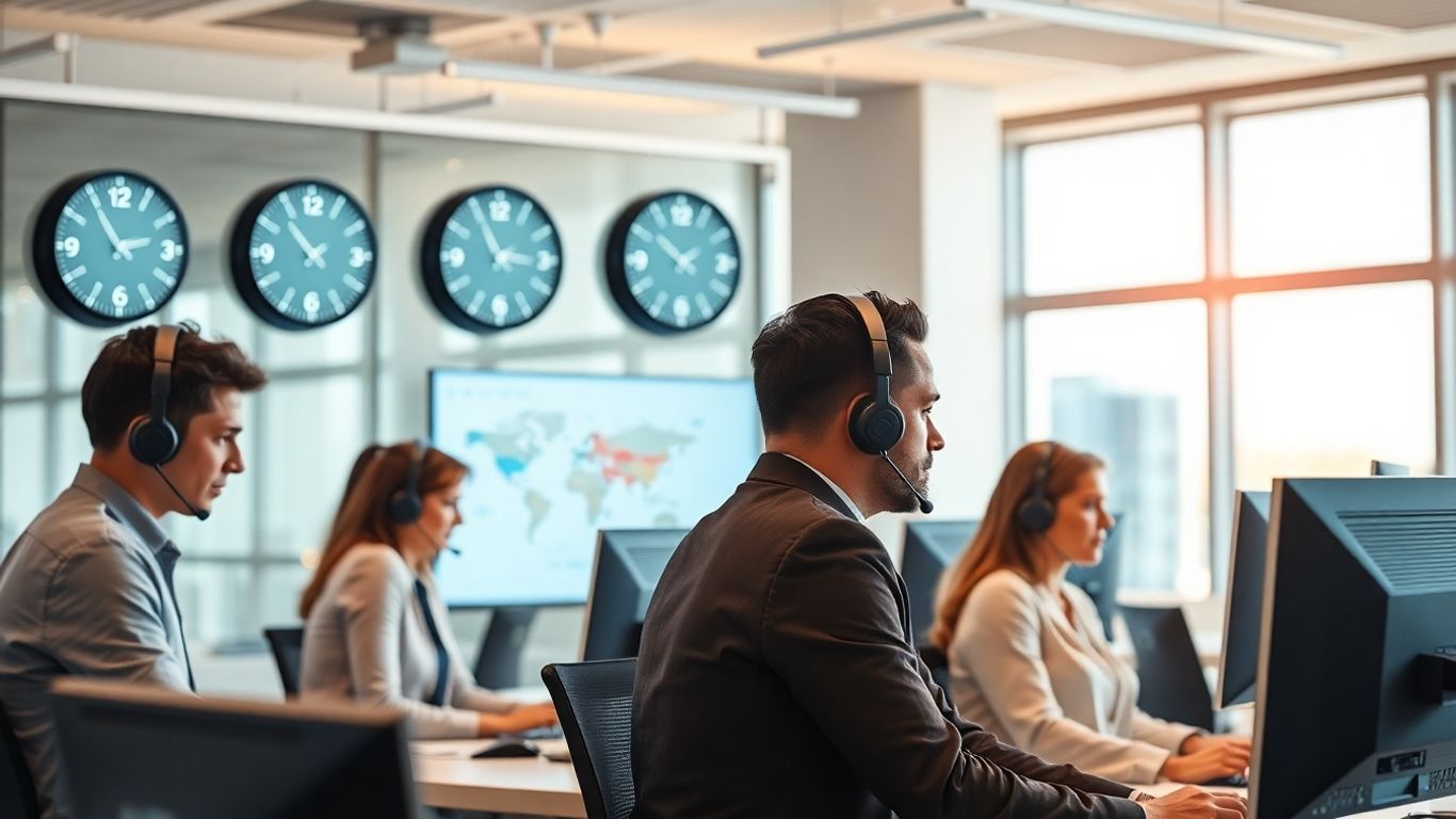 Call center staff working under digital office clocks