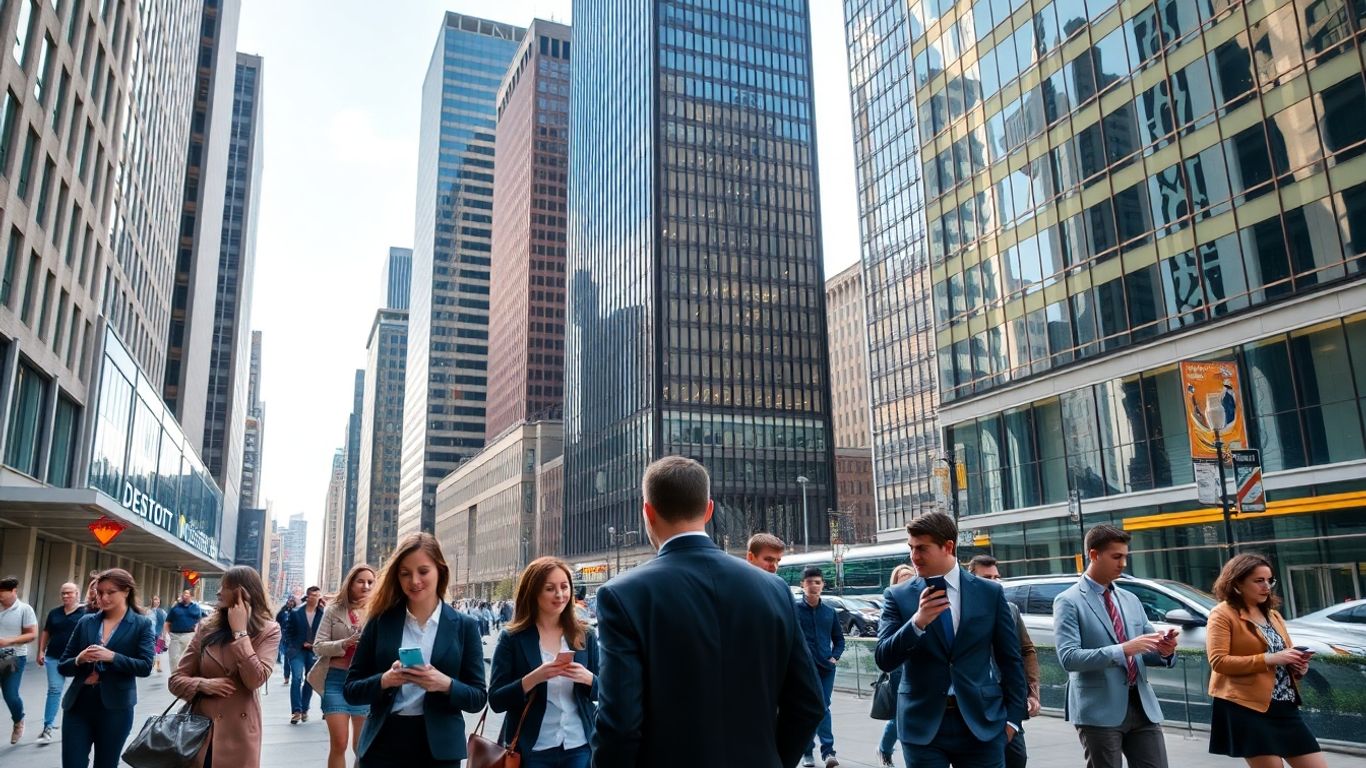 Detroit businesspeople networking in busy downtown streets