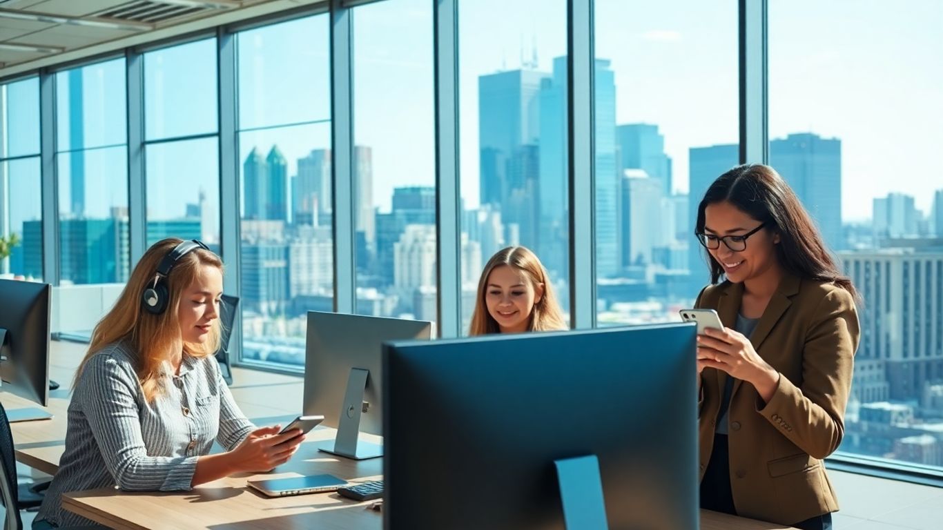 Detroit office workers using technology for business communication