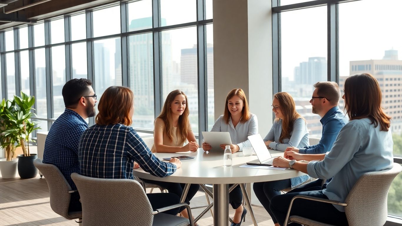 Austin professionals in office with city skyline view