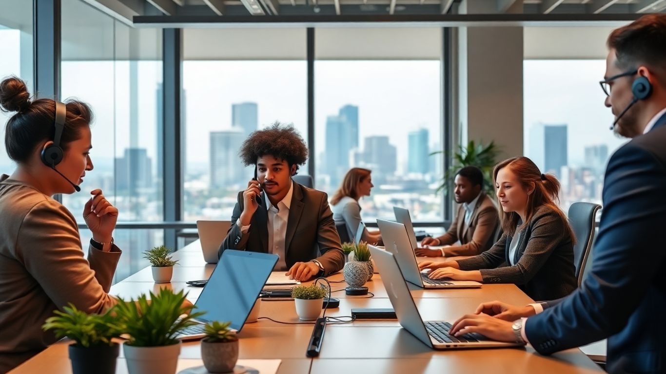 Business people using headsets in modern Austin office.