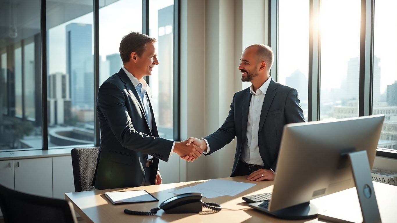 Business professionals shaking hands in Austin office