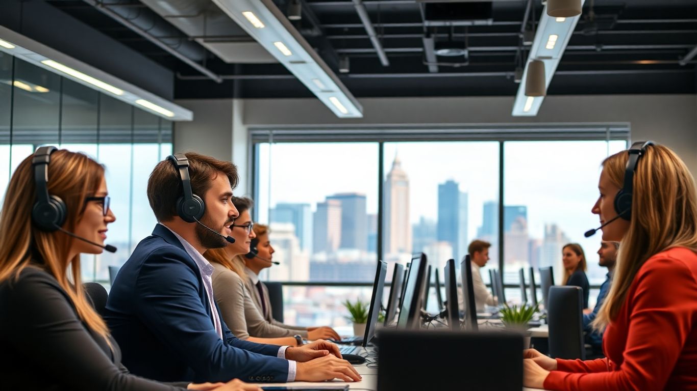 Boston call center agents assisting customers in modern office