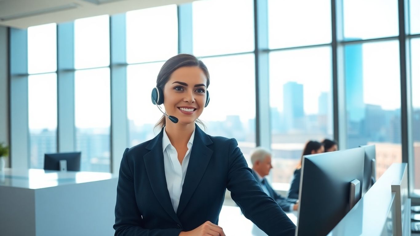 Receptionist with headset in Boston office answering call