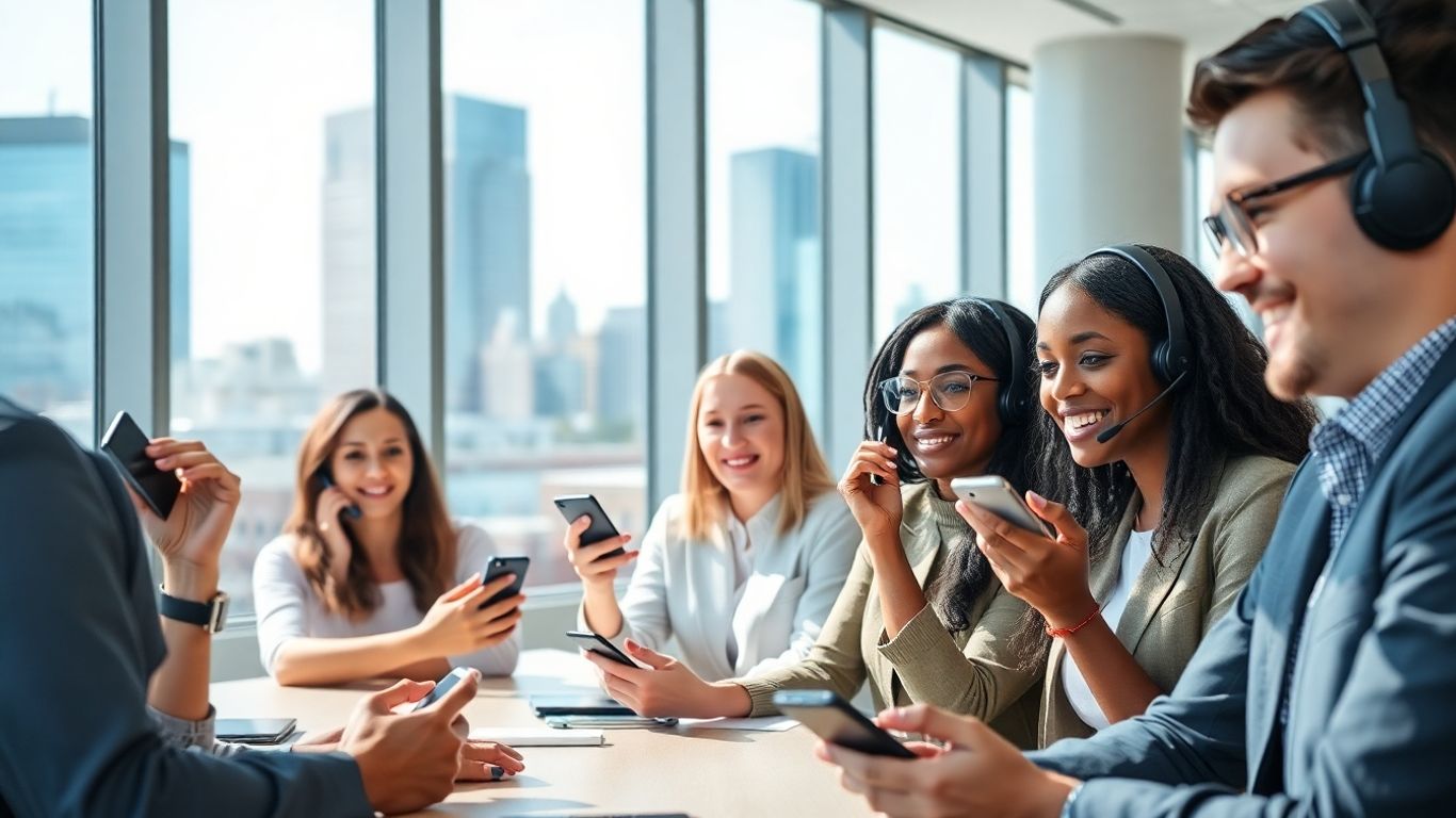 Professionals using smartphones and headsets in a Boston office.