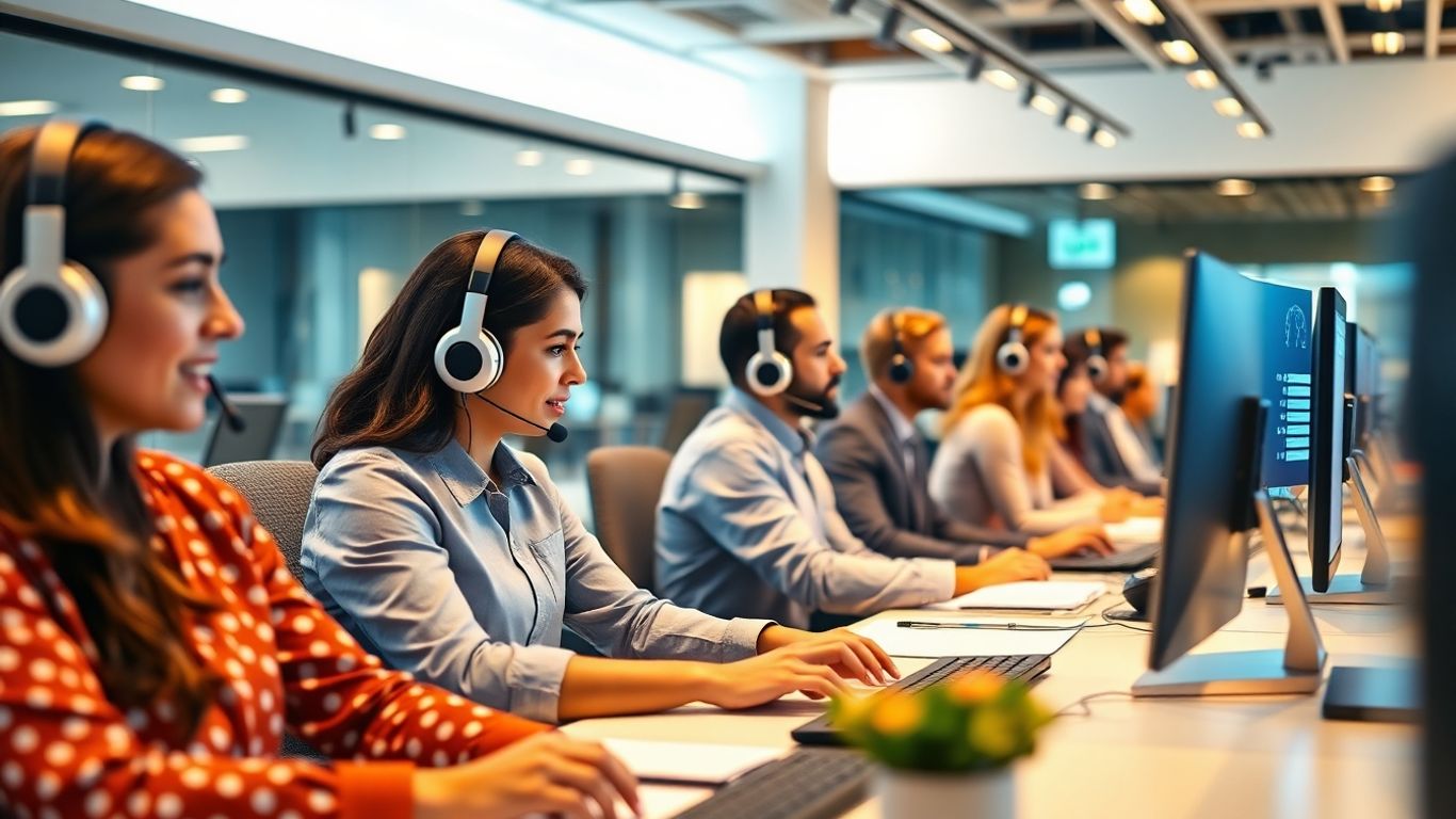 Modern Boston call center with AI technology in use.