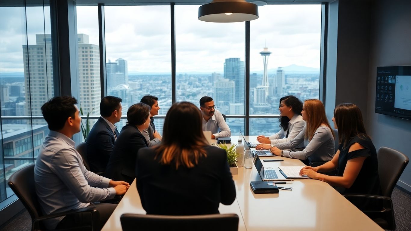 Business meeting in Seattle office with security screens.