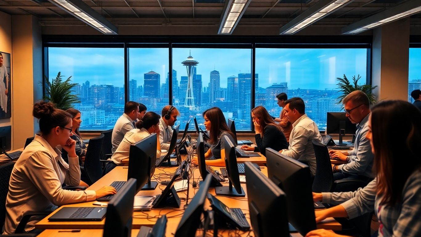 Seattle office workers using modern phones with skyline view