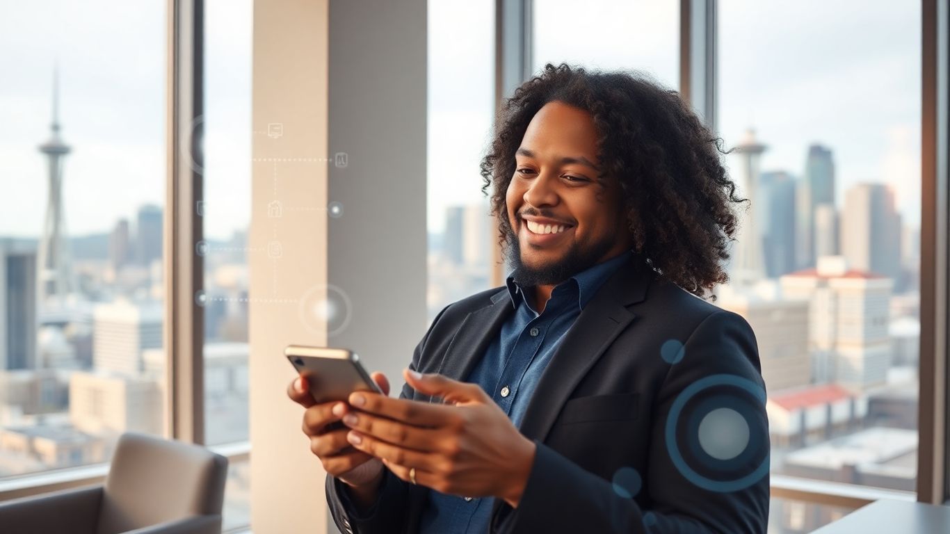 Business owner in Seattle using smartphone for automation.