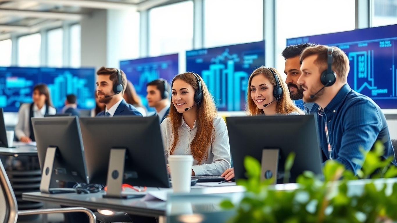 Professional answering service team in modern office setting