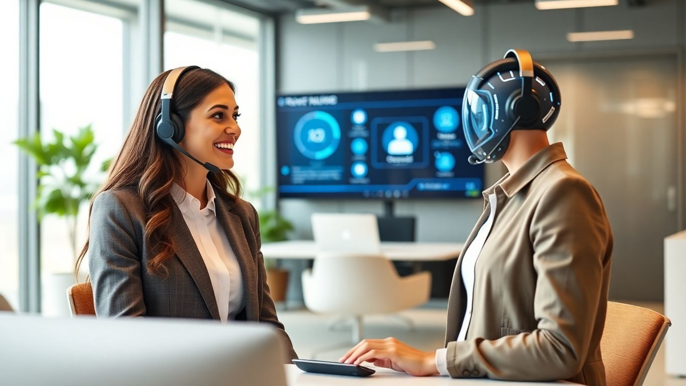 Professional using AI virtual receptionist in modern office