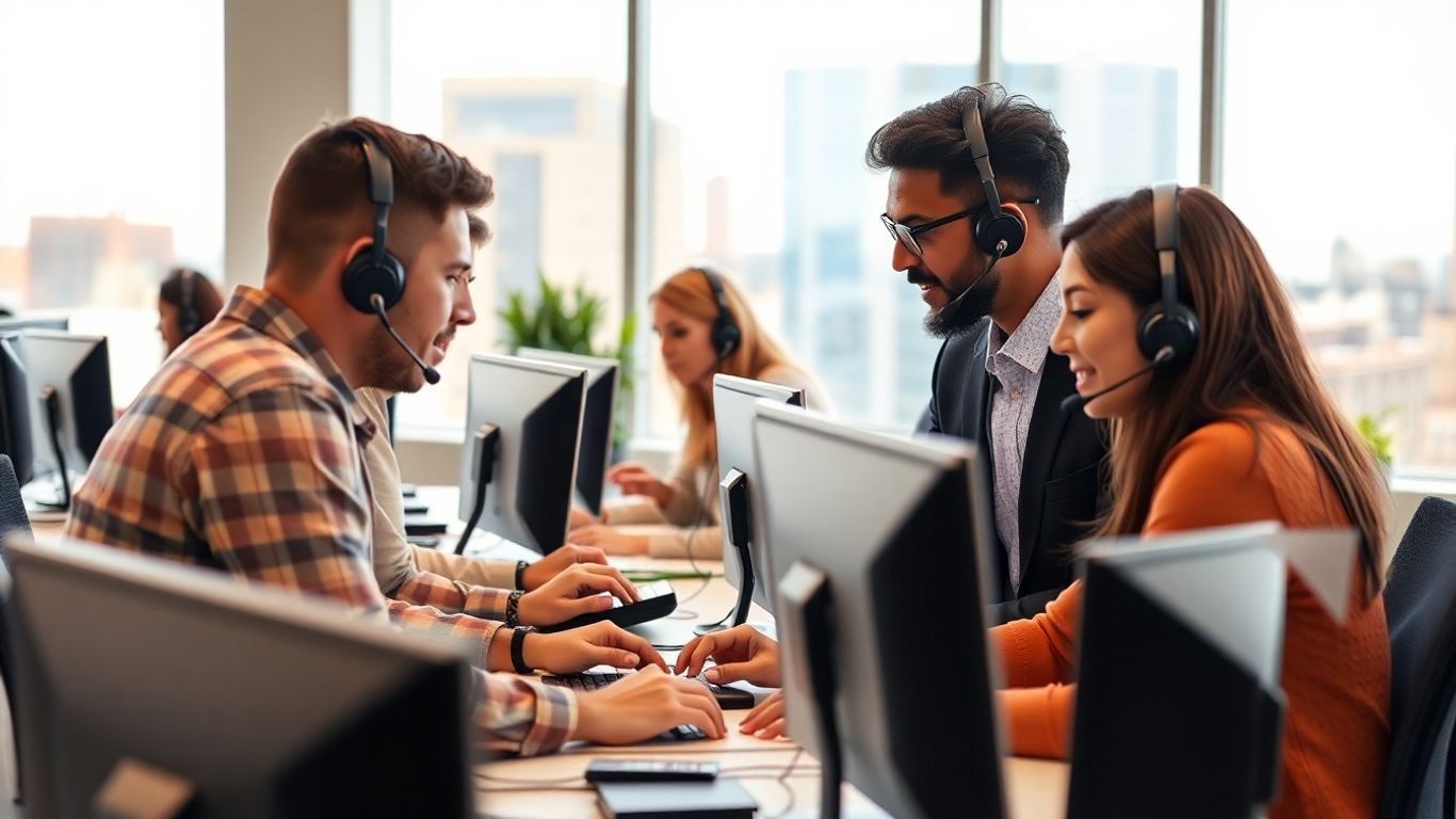 Business professionals with headsets in a modern office setting