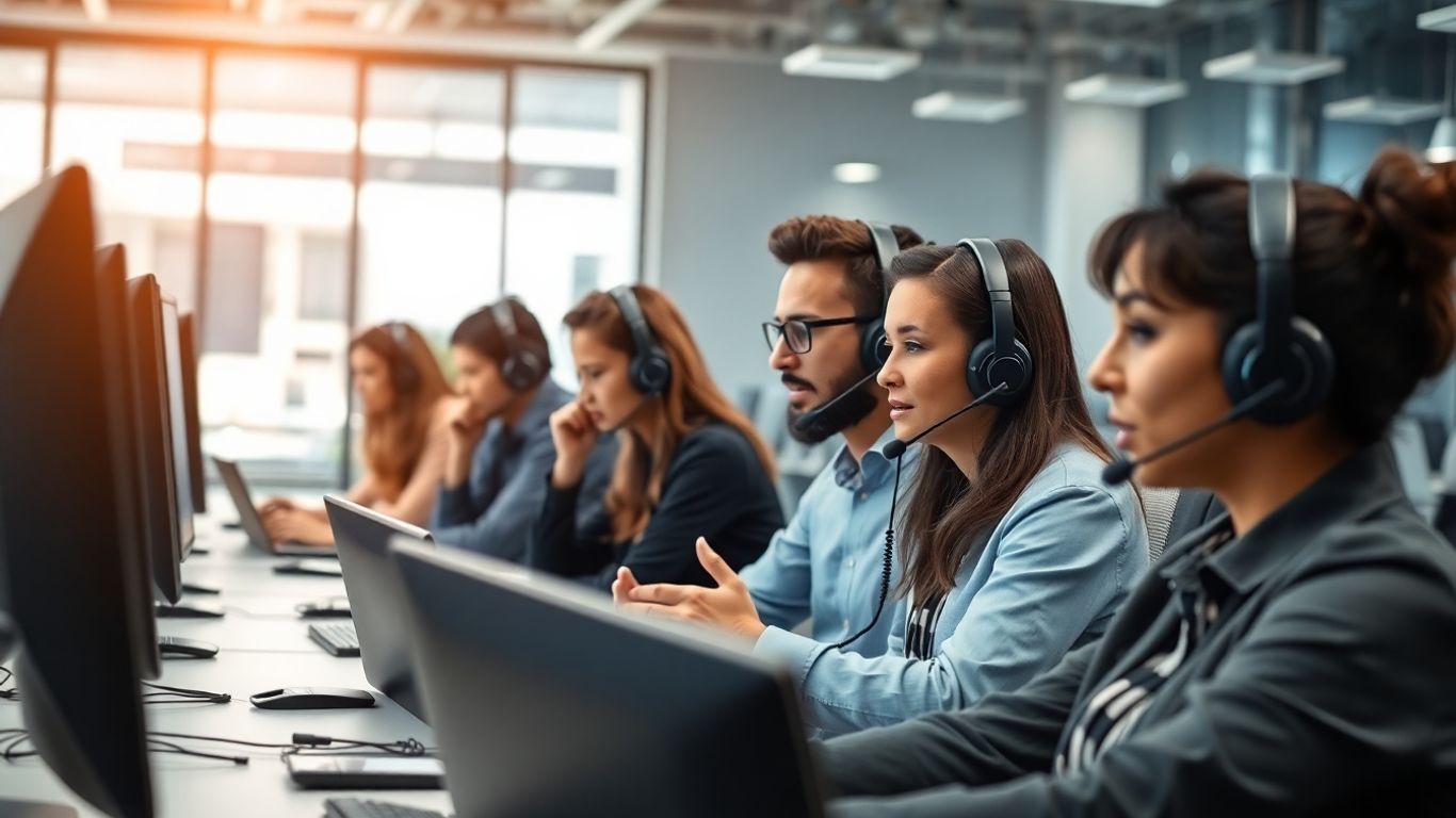 Business team handling multiple calls in a modern office