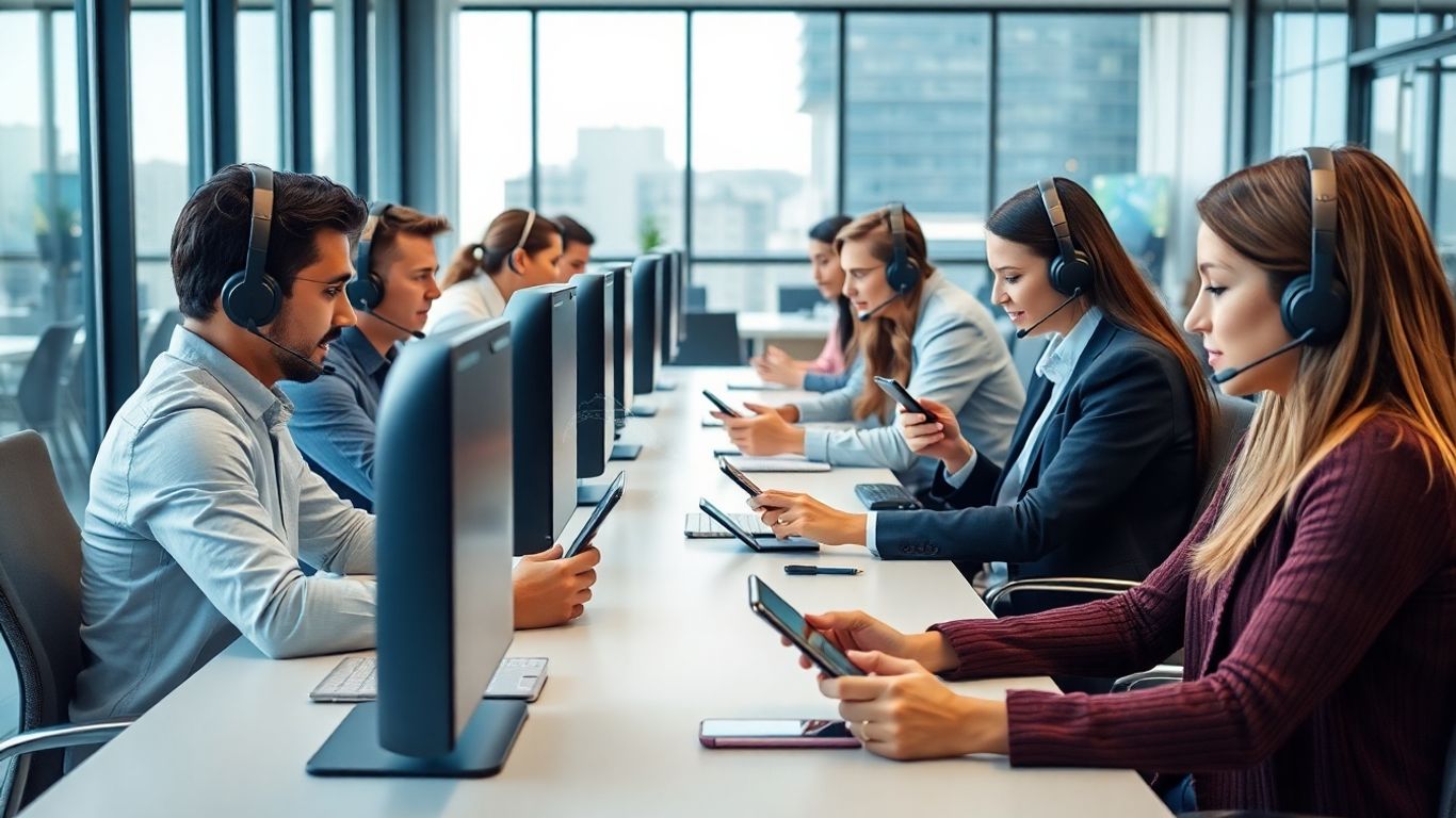 Office workers using headsets and tech devices together