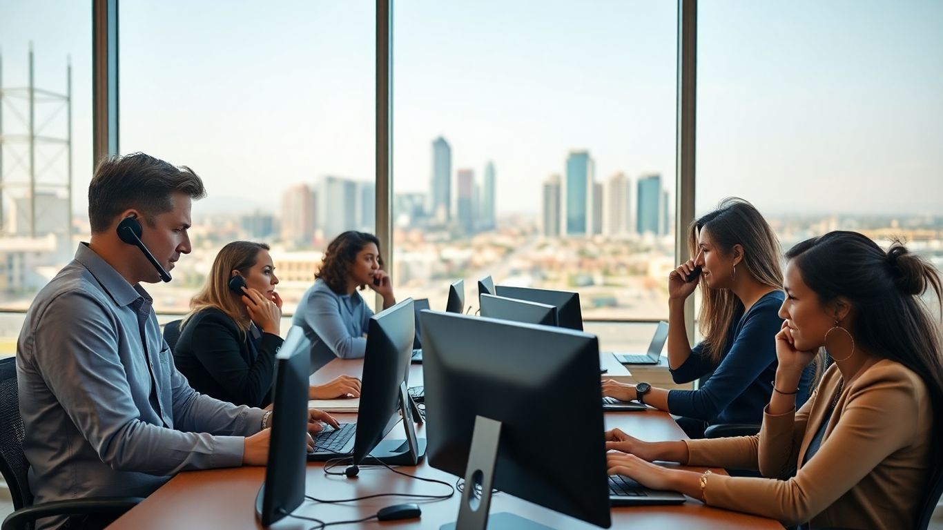 Business team in office with El Paso skyline backdrop