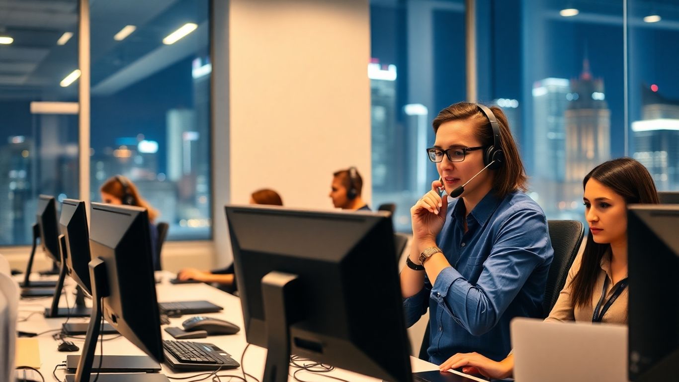 Call center operator working at night in modern office