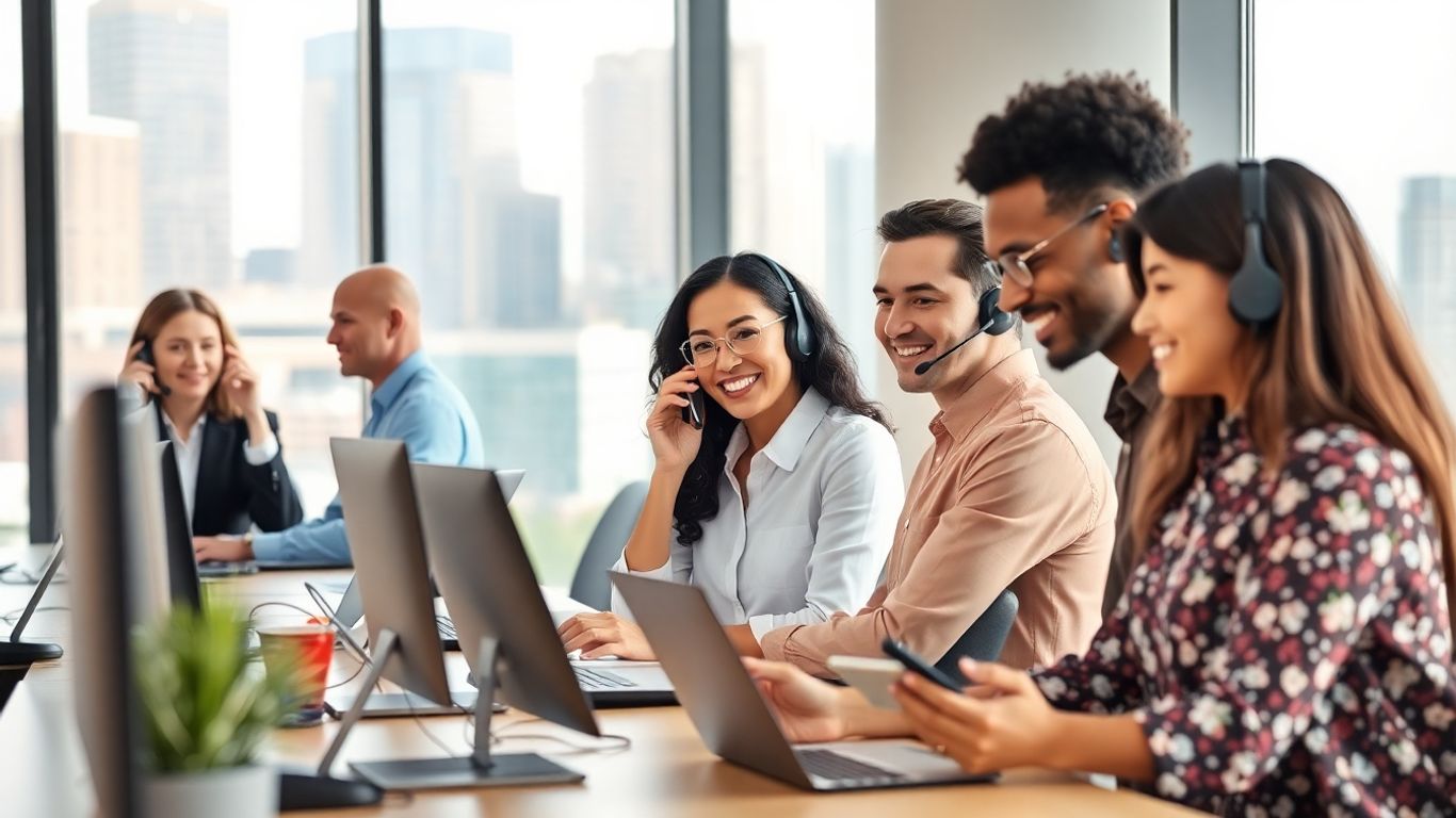 Dallas professionals providing phone customer service in modern office.