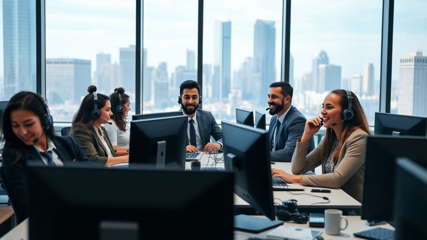 Dallas office workers using headsets for business calls