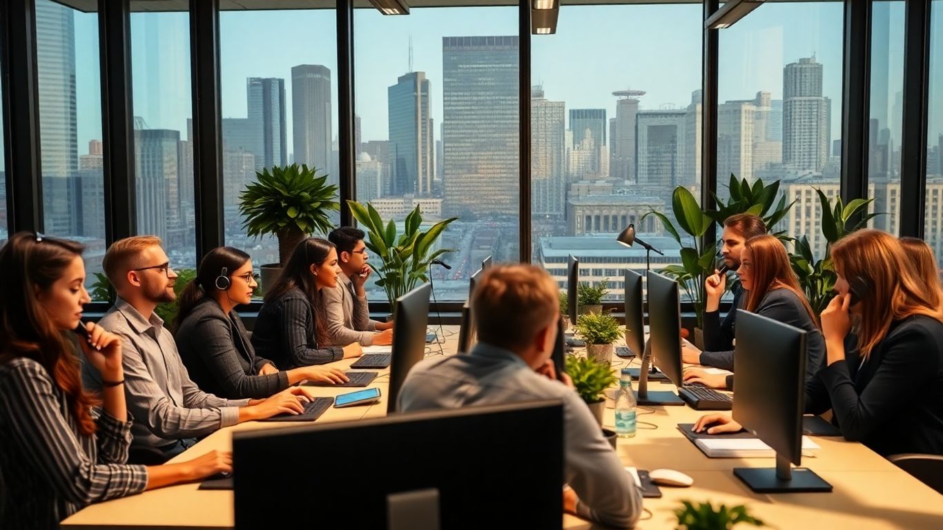 Dallas office workers using phones and computers together