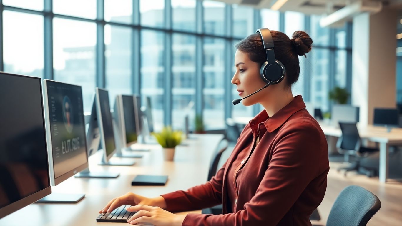 Receptionist using AI-powered answering service in office