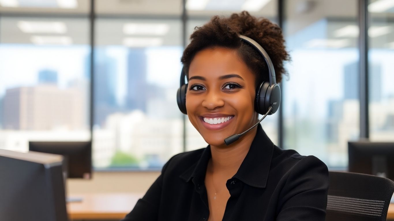 Indianapolis call center agent with city skyline