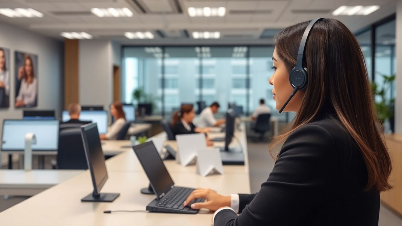 Receptionist on headset in busy modern San Jose office